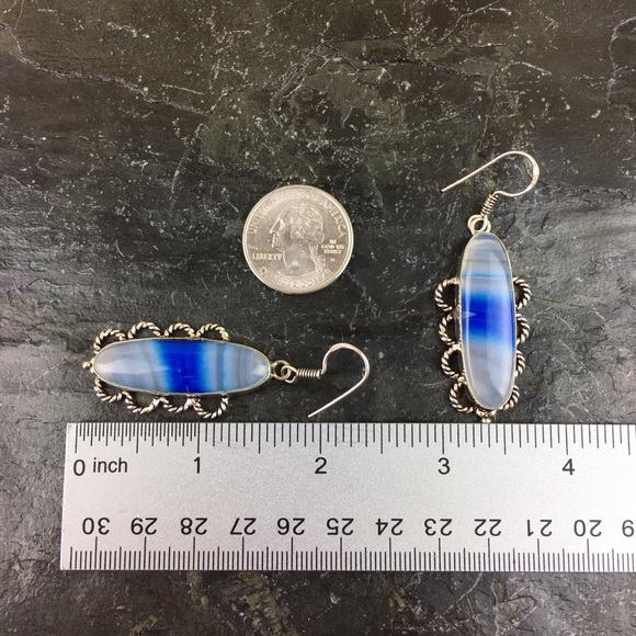 New Striped Blue Botswana Agate Large Stone Silver Hook Dangle Earrings - Picture 5 of 9